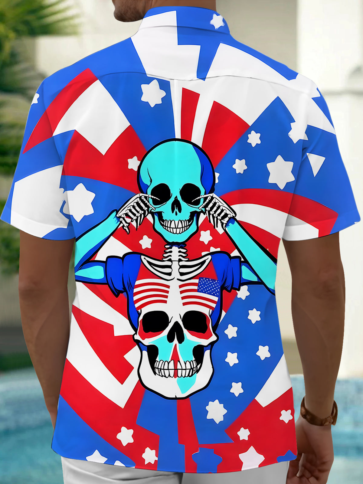 Independence Day Skull Men's Pocket Short Sleeve Shirts