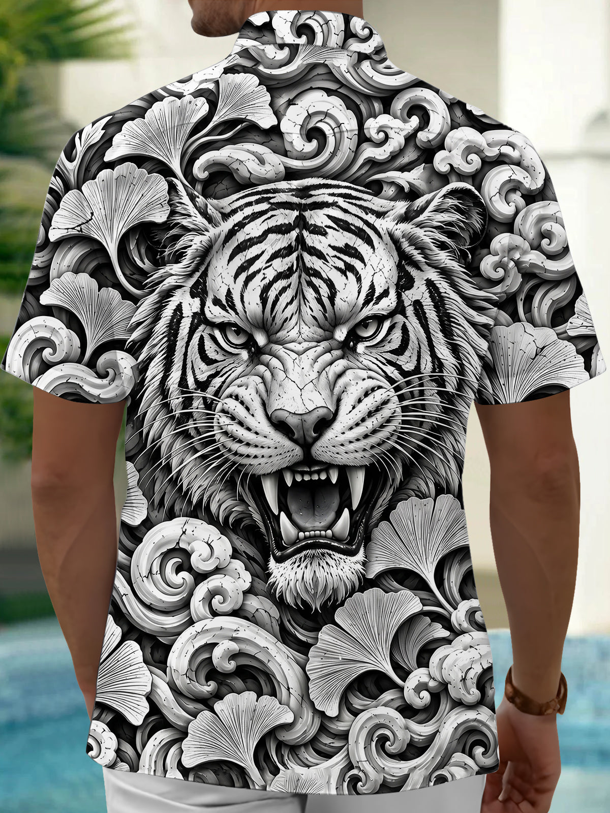 Adaychic Men's Hawaiian Tiger Face Print Short Sleeve Shirt with Chest Pocket