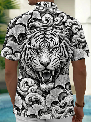 Adaychic Men's Hawaiian Tiger Face Print Short Sleeve Shirt with Chest Pocket