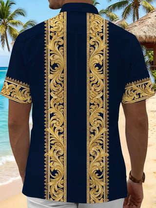 Adaychic Men's Graphic Gold Baroque Scroll Pattern Print Short Sleeve Button Down Shirt with Chest Pocket