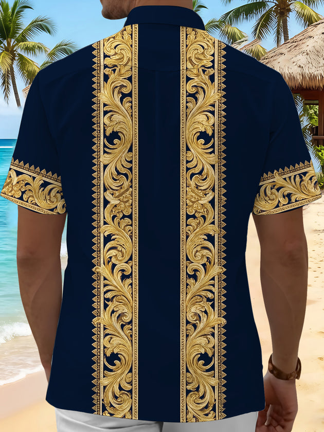 Adaychic Men's Graphic Gold Baroque Scroll Pattern Print Short Sleeve Button Down Shirt with Chest Pocket