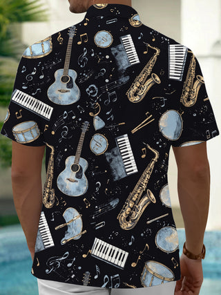 Adaychic Men's Hawaiian Musical Instruments Print Short Sleeve Shirt with Chest Pocket