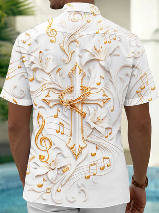 Adaychic Men's 3D Golden Cross With Crown Of Thorns Print Short Sleeve Shirt with Chest Pocket