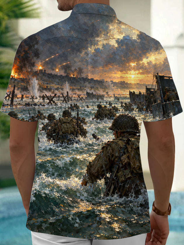 Adaychic Men's World War II Beach Landing Scene Print Short Sleeve Shirt with Chest Pocket
