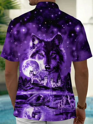 Adaychic Men's Graphic 3D Purple Wolf Moon Print Short Sleeve Button Down Shirt with Chest Pocket
