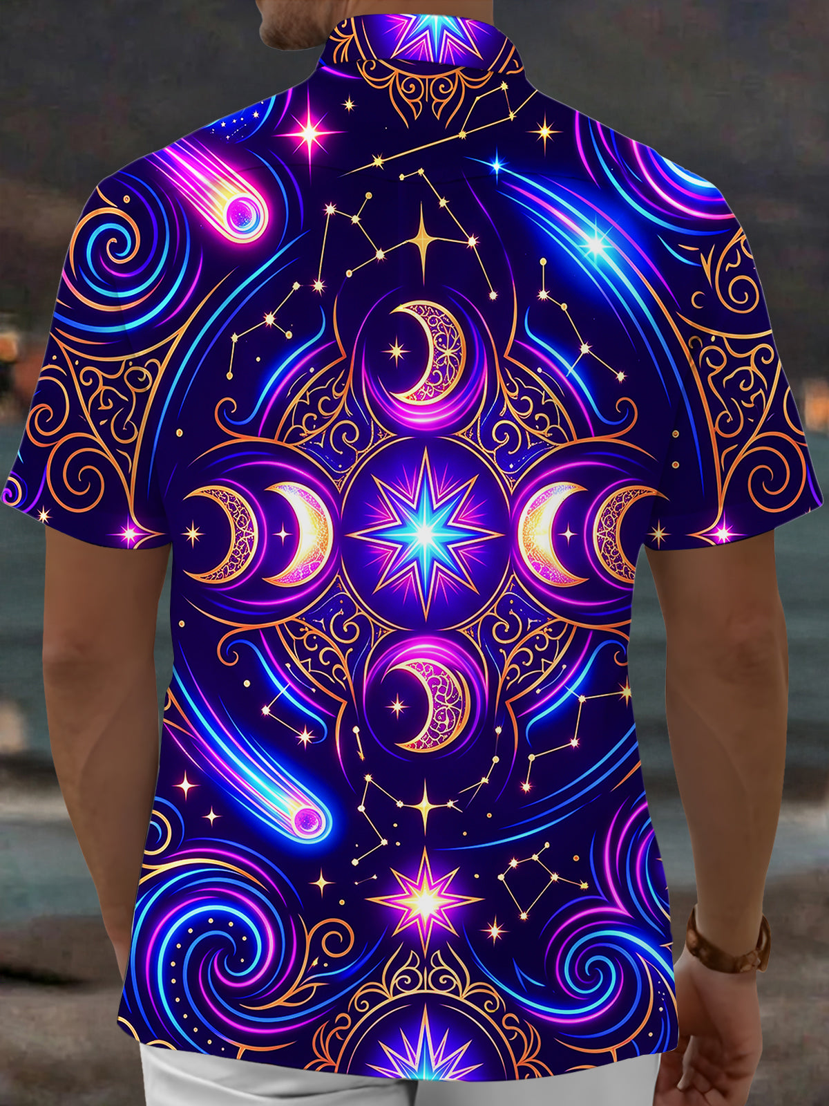 Adaychic Men's Hawaiian Crescent Moons And Stars Print Short Sleeve Shirt with Chest Pocket