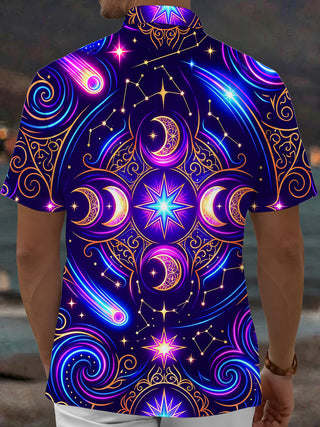 Adaychic Men's Hawaiian Crescent Moons And Stars Print Short Sleeve Shirt with Chest Pocket