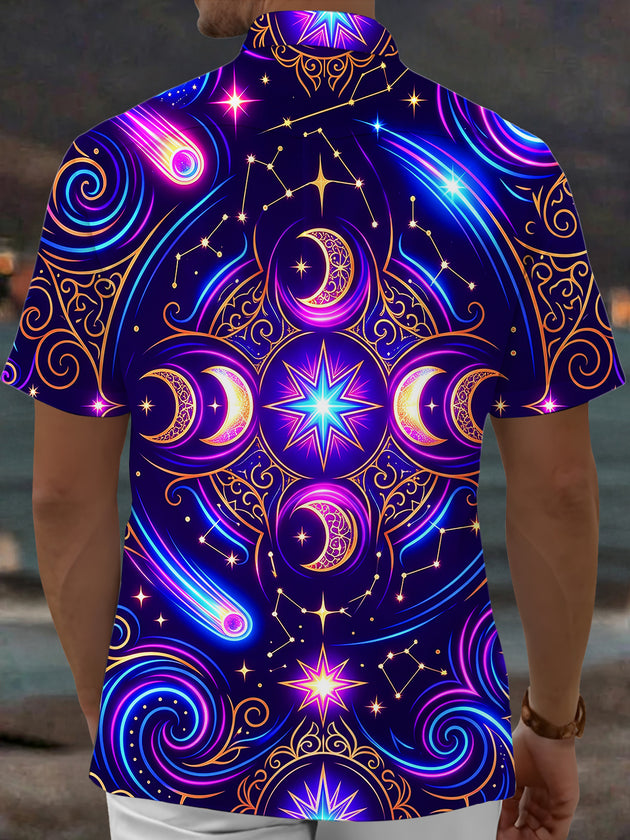 Adaychic Men's Hawaiian Crescent Moons And Stars Print Short Sleeve Shirt with Chest Pocket