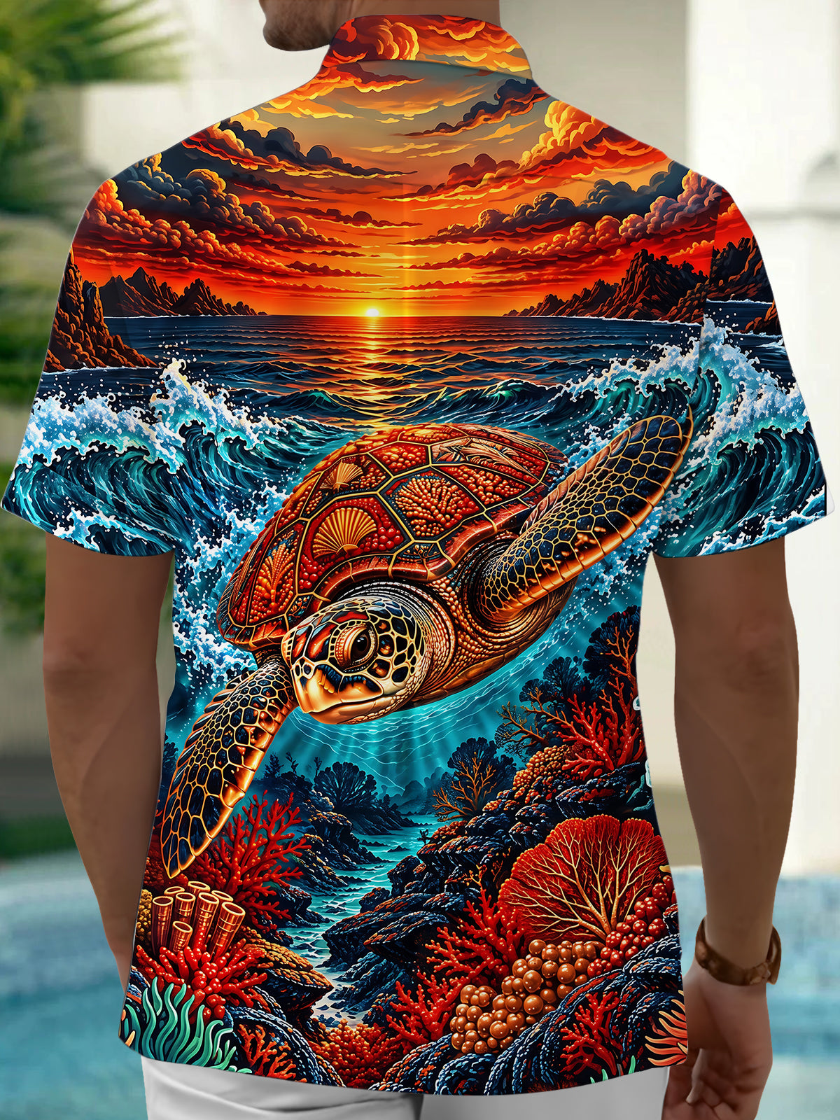 Adaychic Men's Hawaiian Sea Turtle And Coral Reef Print Short Sleeve Shirt with Chest Pocket