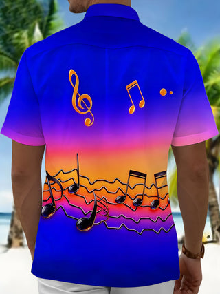 Adaychic Men's Graphic 3D Gradient Musical Note Print Short Sleeve Button Down Shirt with Chest Pocket