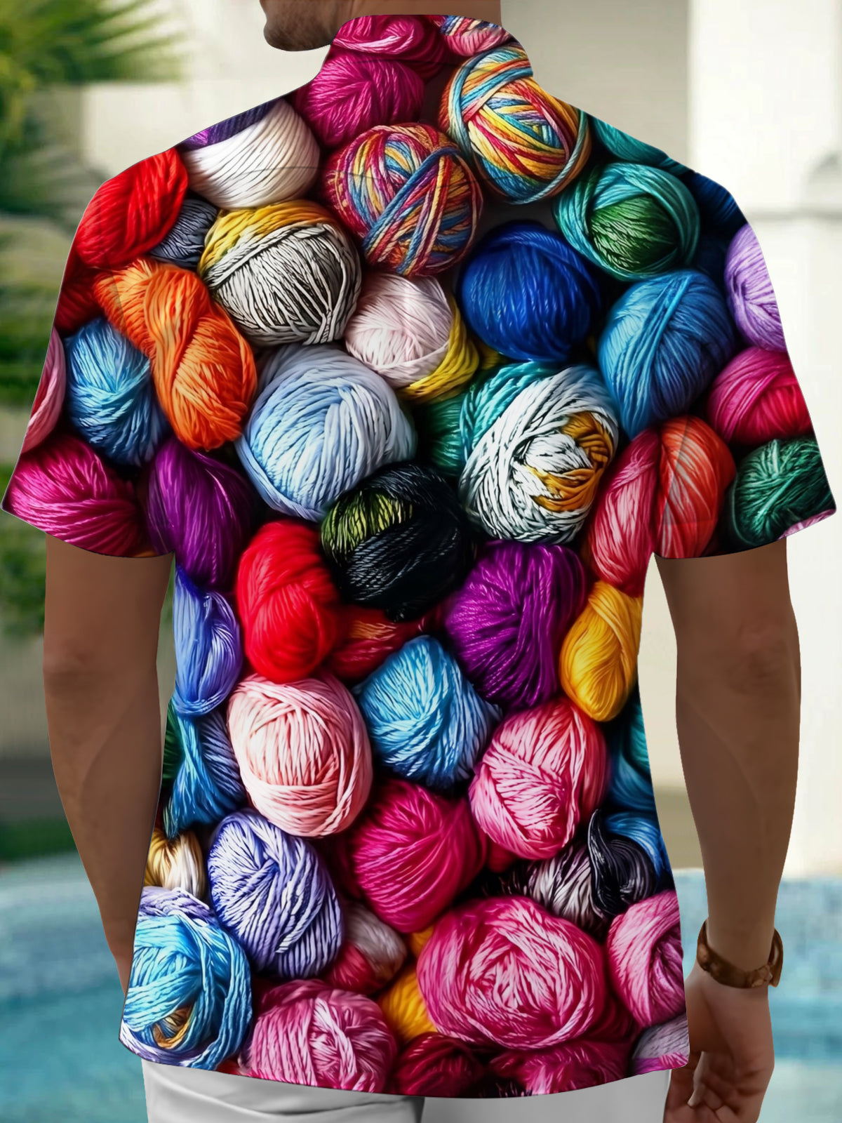 Adaychic Men's Printed Colorful Yarn Balls Print Short Sleeve Shirt with Chest Pocket