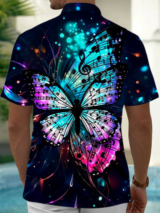 Adaychic Men's Graphic Butterfly Print Musical Notes Print Short Sleeve Shirt with Chest Pocket