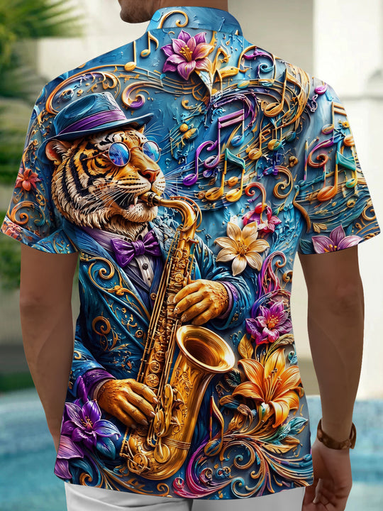 Adaychic Men's Graphic Tiger Playing Saxophone Print Short Sleeve Shirt with Chest Pocket