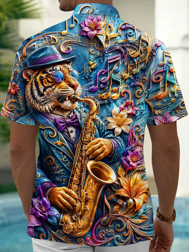 Adaychic Men's Graphic Tiger Playing Saxophone Print Short Sleeve Shirt with Chest Pocket