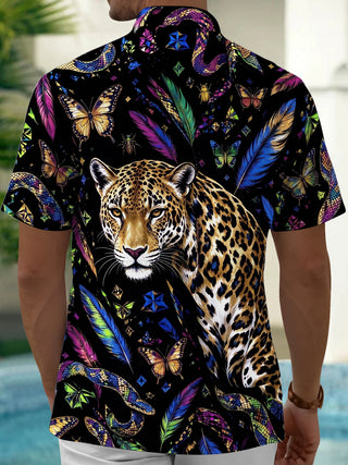 Adaychic Men's Leopard And Butterflies Print Short Sleeve Shirt with Chest Pocket