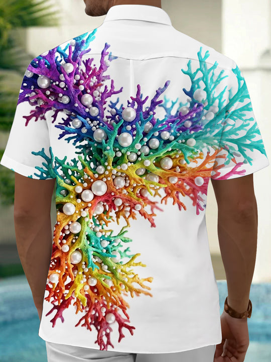 Adaychic Men's Hawaiian Colorful Coral And Pearls Print Short Sleeve Shirt with Chest Pocket