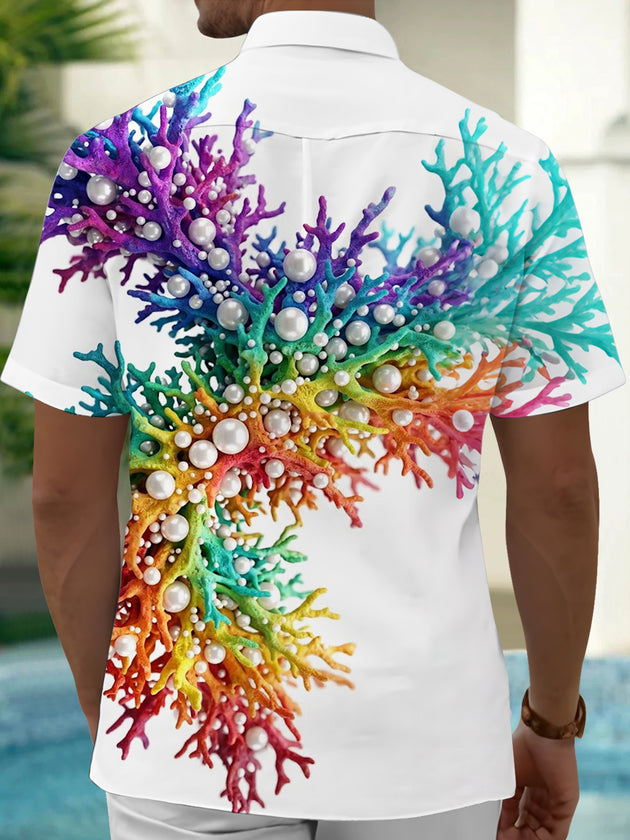 Adaychic Men's Hawaiian Colorful Coral And Pearls Print Short Sleeve Shirt with Chest Pocket