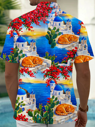 Adaychic Men's Hawaiian Santorini Scenery Print Short Sleeve Shirt with Chest Pocket
