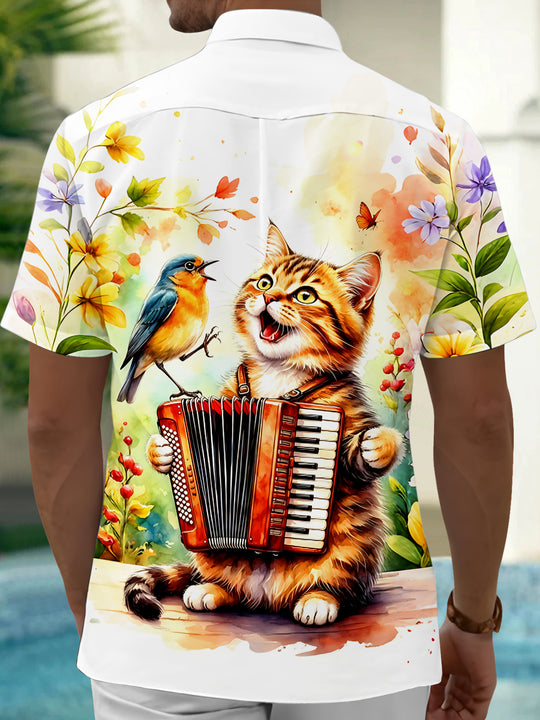 Adaychic Men's Graphic Cat Playing Accordion Print Short Sleeve Shirt with Chest Pocket