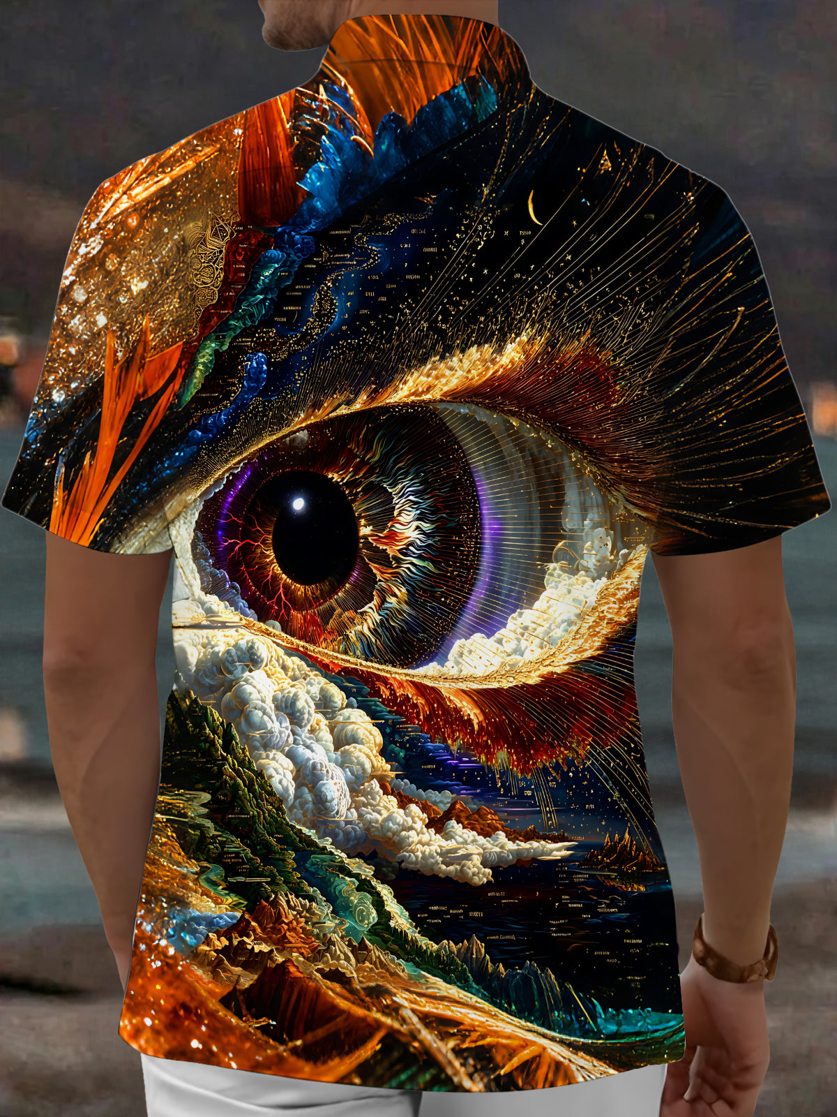 Adaychic Men's Graphic Cosmic Eye Print Short Sleeve Shirt with Chest Pocket