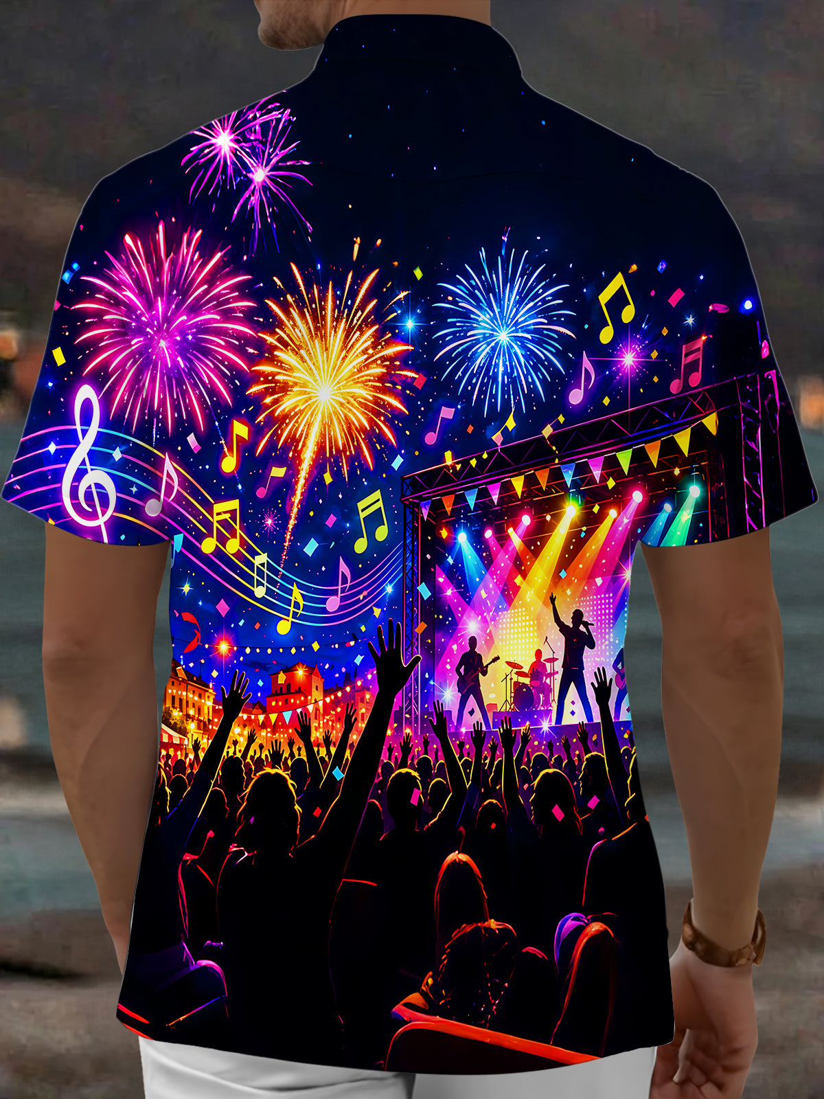 Adaychic Men's Graphic Concert Stage Silhouette Print Short Sleeve Shirt with Chest Pocket