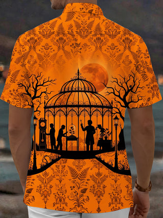 Adaychic Men's Short Sleeve Shirt - Halloween Greenhouse Silhouette With Dead Trees And Blood Moon Print with Chest Pocket