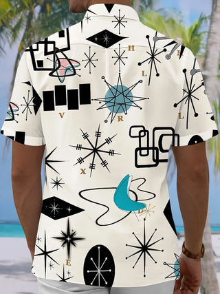 Adaychic Men's Geometric Abstract Retro Atomic Starburst Print Short Sleeve Button Down Shirt with Chest Pocket