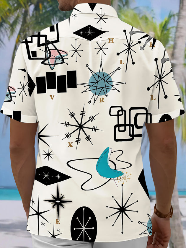 Adaychic Men's Geometric Abstract Retro Atomic Starburst Print Short Sleeve Button Down Shirt with Chest Pocket