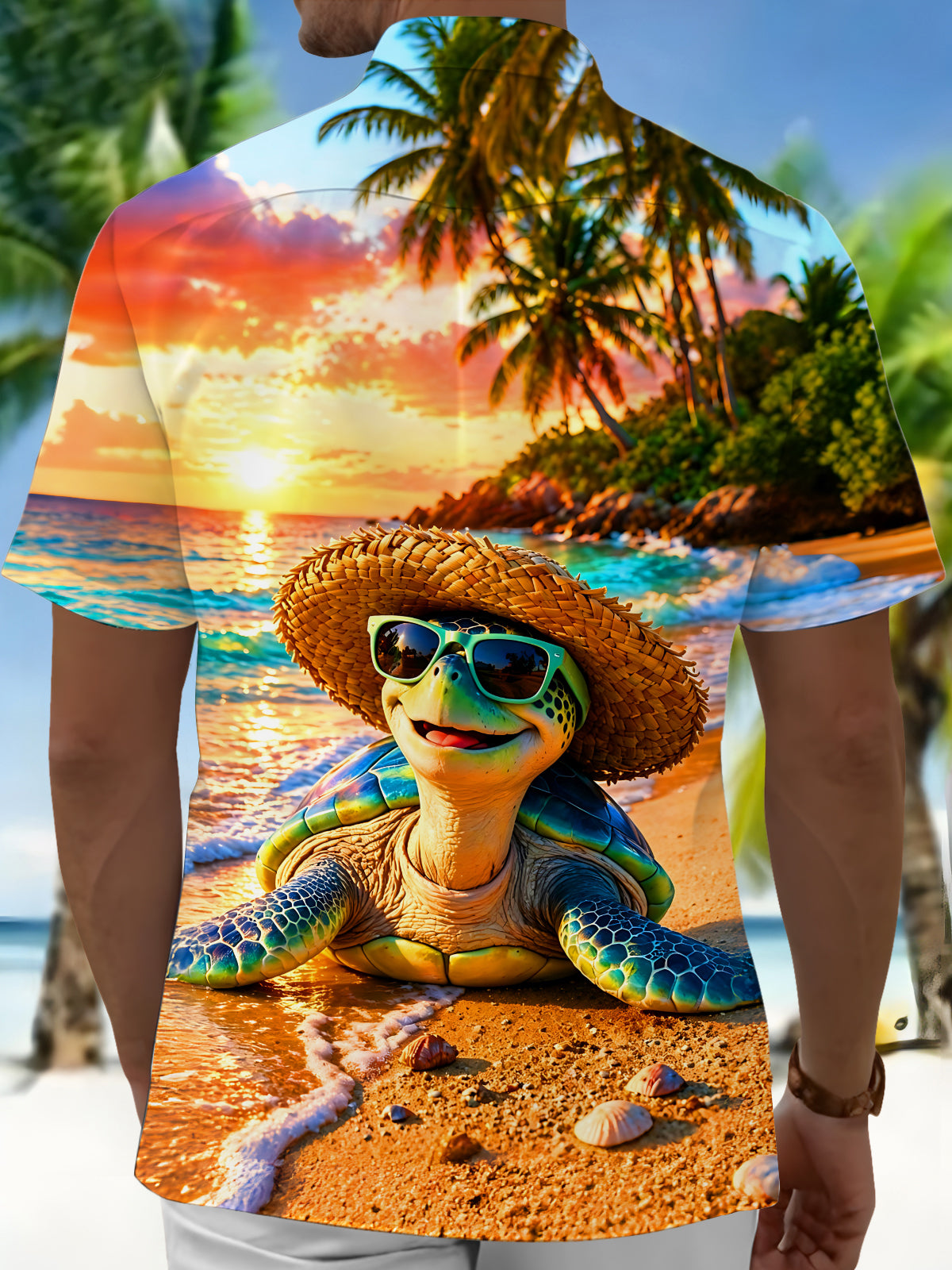 Adaychic Men's Hawaiian Turtle With Sunglasses Print Short Sleeve Shirt with Chest Pocket