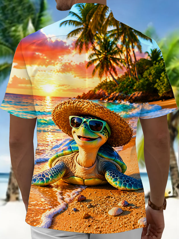 Adaychic Men's Hawaiian Turtle With Sunglasses Print Short Sleeve Shirt with Chest Pocket