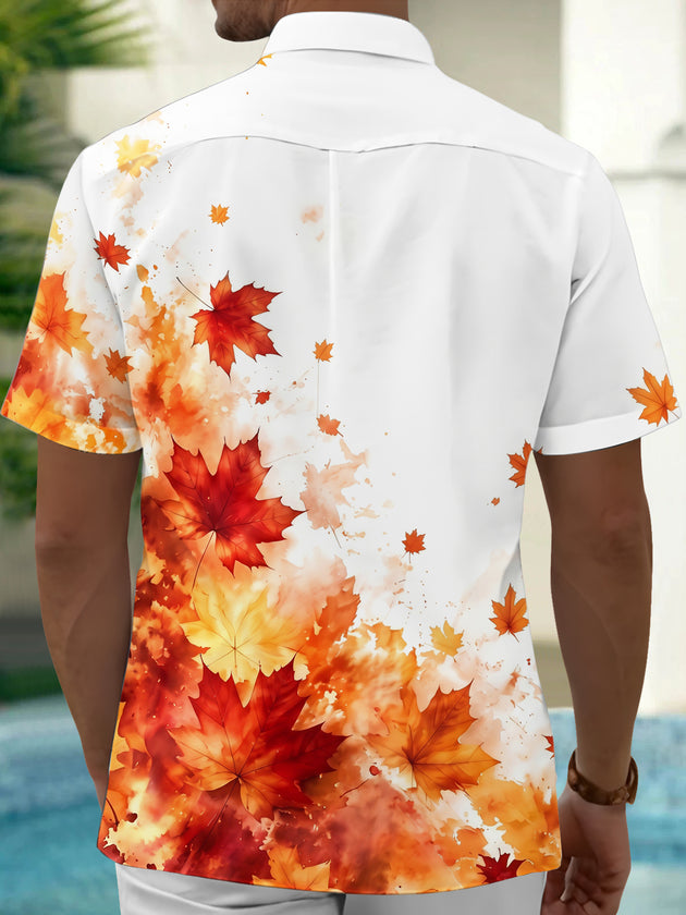 Adaychic Men's Printed Watercolor Maple Leaves Print Short Sleeve Shirt with Chest Pocket
