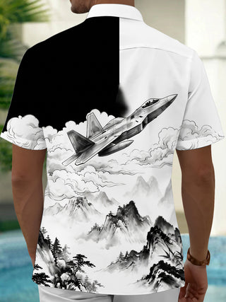 Adaychic Men's Fighter Jet And Ink Wash Landscape Print Short Sleeve Shirt with Chest Pocket