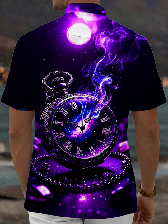 Adaychic Men's Purple Nebula Pocket Watch Print Short Sleeve Shirt with Chest Pocket