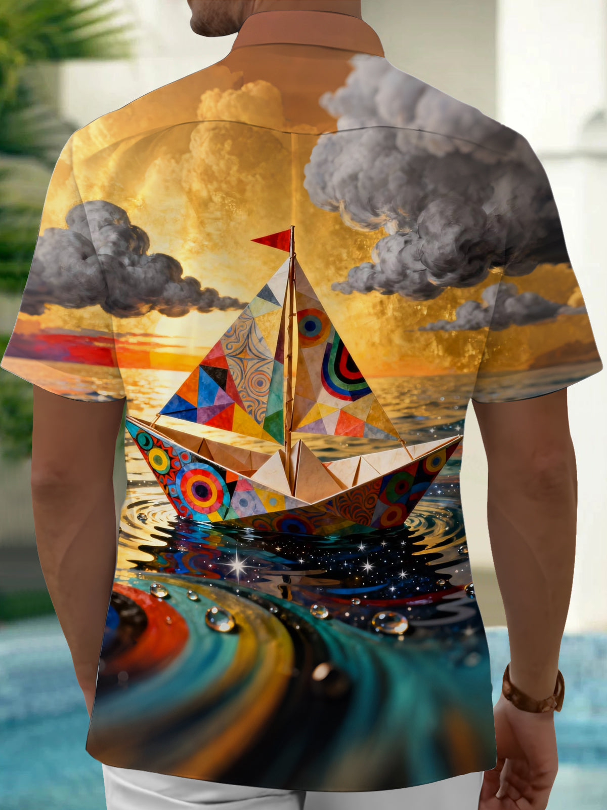Adaychic Men's Graphic Paper Boat Sunset Print Short Sleeve Shirt with Chest Pocket