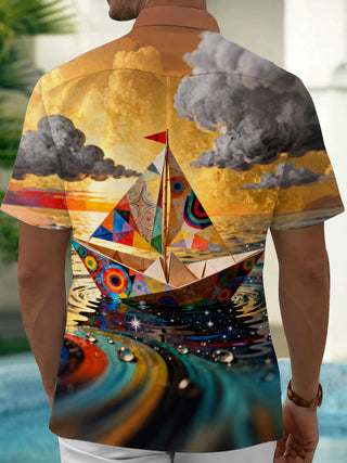 Adaychic Men's Graphic Paper Boat Sunset Print Short Sleeve Shirt with Chest Pocket