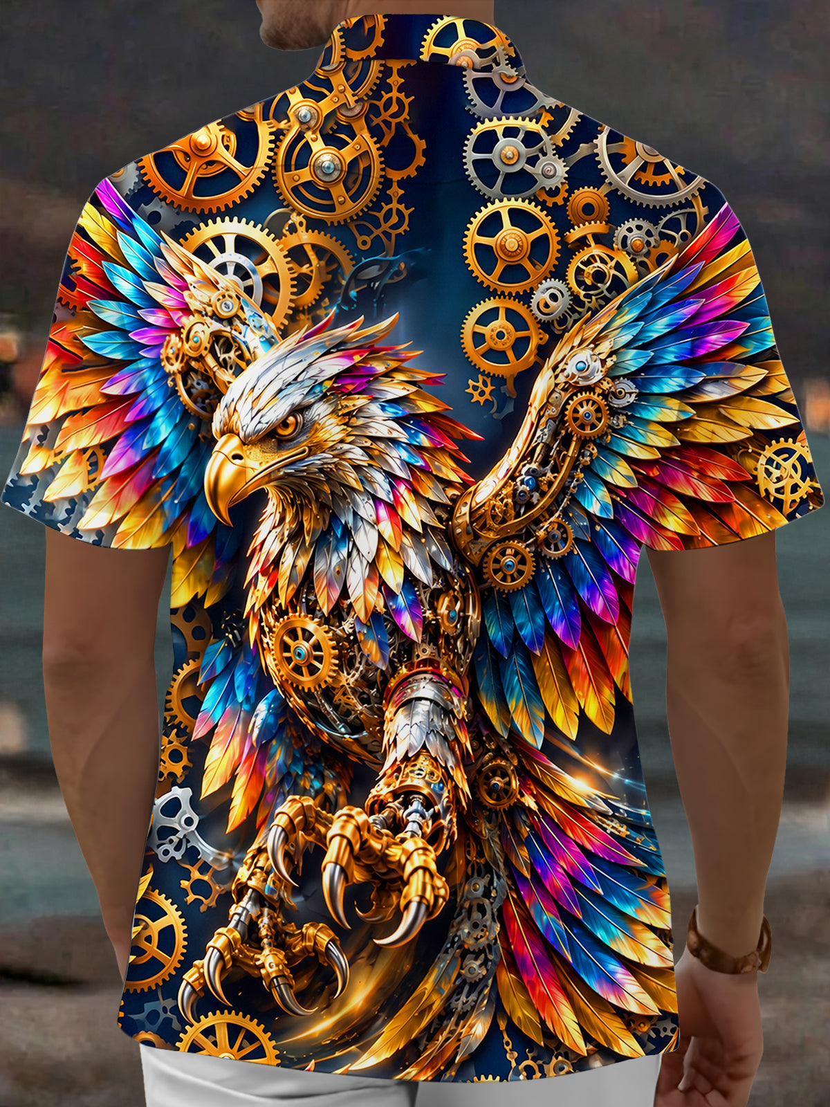 Adaychic Men's Short Sleeve Shirt - Steampunk Eagle With Gears And Colorful Feathers Print with Chest Pocket