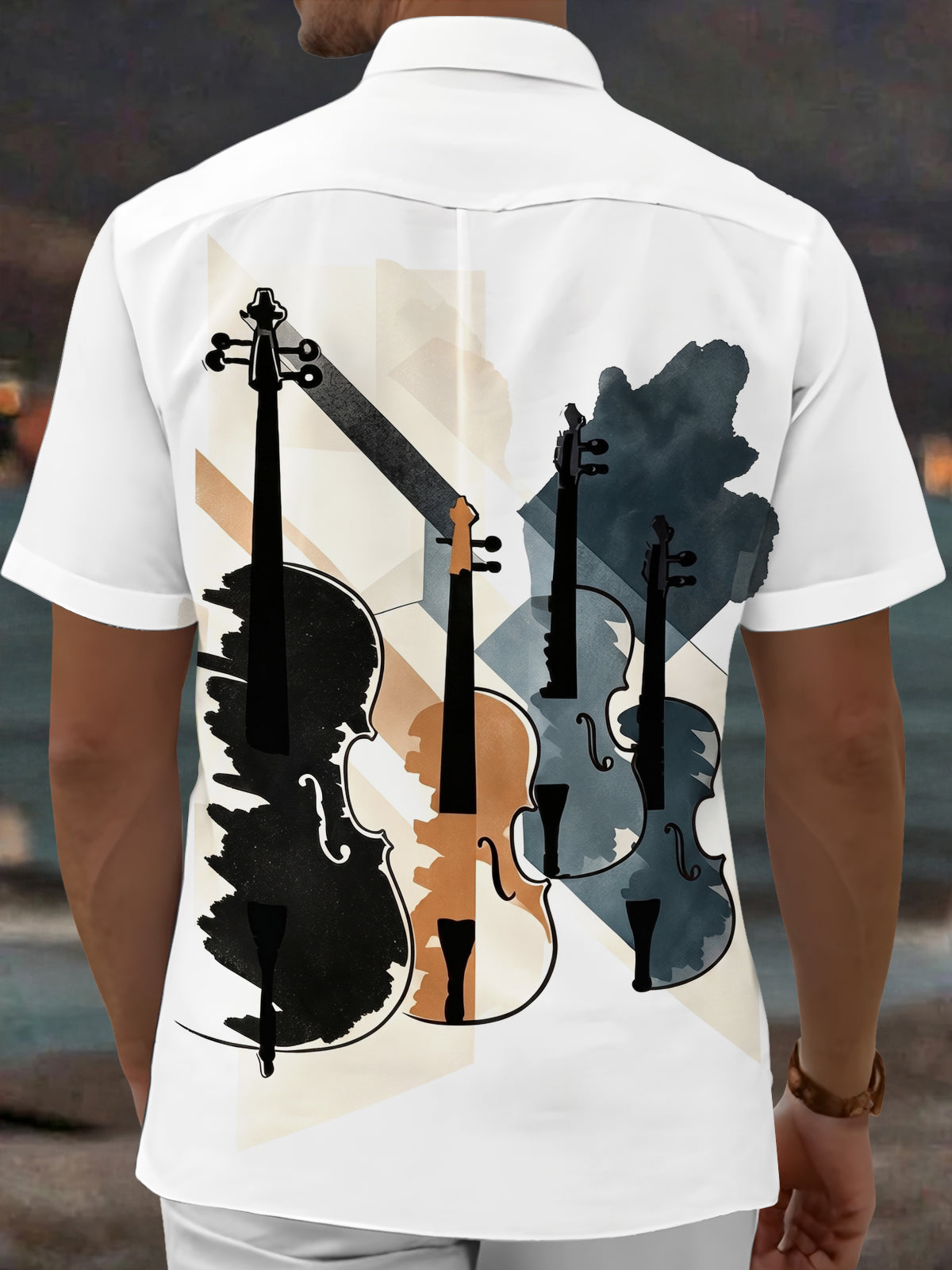 Adaychic Men's Graphic Violin Silhouette Print Short Sleeve Shirt with Chest Pocket