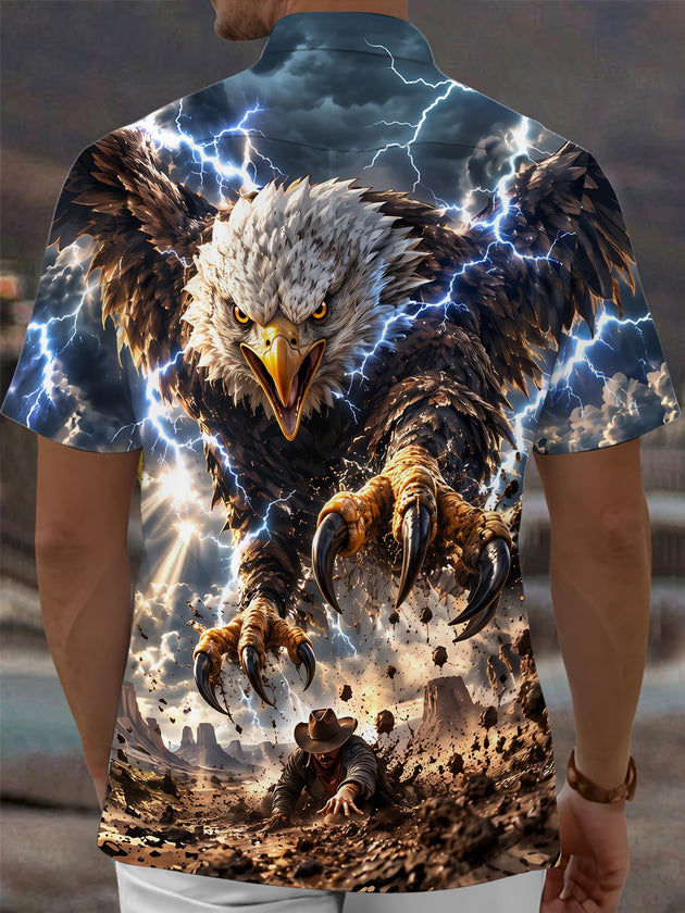 Adaychic Men's Short Sleeve Shirt - Eagle With Lightning And Desert Landscape Print with Chest Pocket