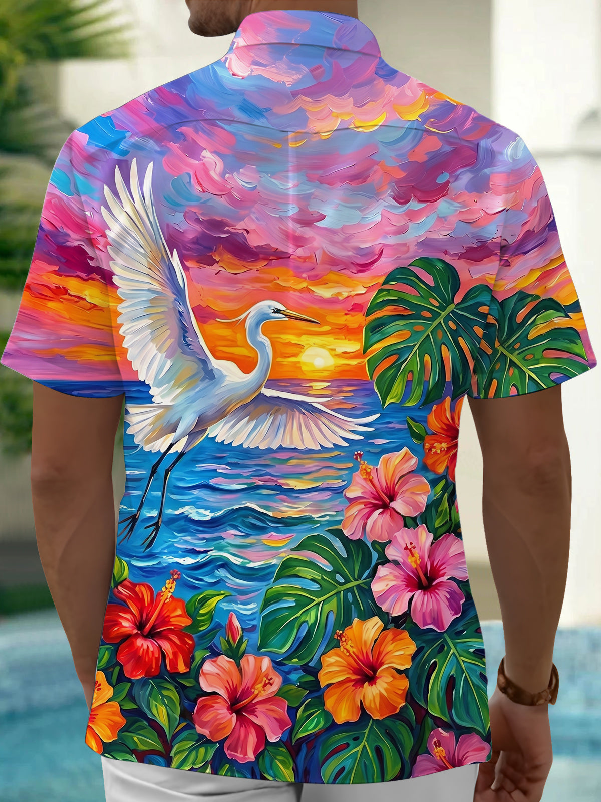Adaychic Men's White Heron Bird Over Sunset Ocean Print Short Sleeve Shirt with Chest Pocket
