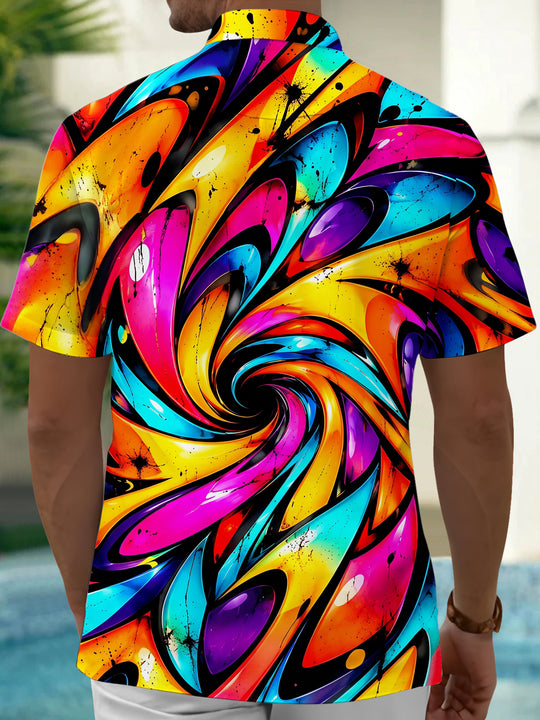 Adaychic Men's Short Sleeve Shirt - Abstract Psychedelic Swirls And Splatters Print with Chest Pocket