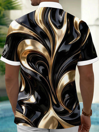 Adaychic Men's 3D Abstract 3D Swirling Metallic Waves Print Short Sleeve Shirt with Chest Pocket