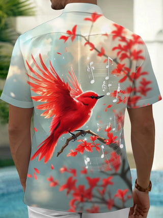 Adaychic Men's Graphic Red Bird Print Musical Notes Print Short Sleeve Shirt with Chest Pocket