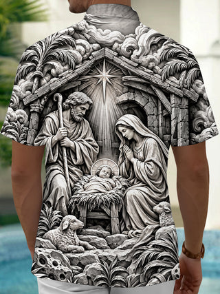 Adaychic Men's Short Sleeve Shirt - Nativity Scene With Holy Family And Star Of Bethlehem Print with Chest Pocket