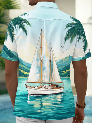 Adaychic Men's Short Sleeve Shirt - Sailboat On Water With Palm Trees And Mountains Print with Chest Pocket