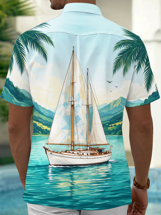 Adaychic Men's Short Sleeve Shirt - Sailboat On Water With Palm Trees And Mountains Print with Chest Pocket