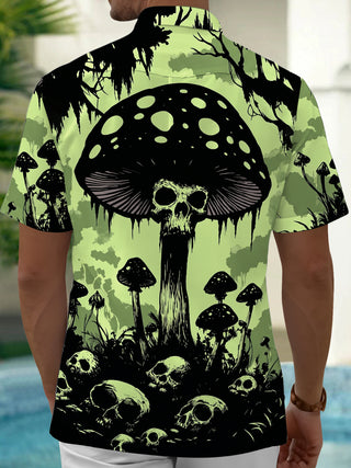 Adaychic Men's Graphic Mushroom Skull Print Short Sleeve Shirt with Chest Pocket
