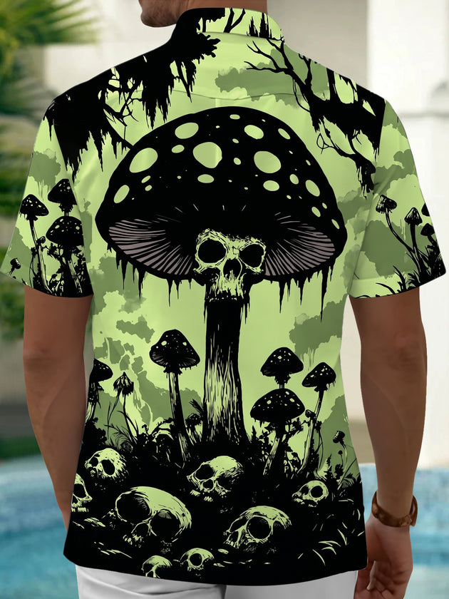 Adaychic Men's Graphic Mushroom Skull Print Short Sleeve Shirt with Chest Pocket
