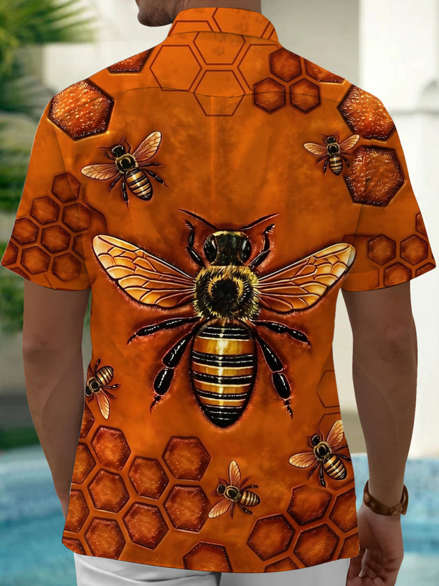 Adaychic Men's Printed Bee Print Honeycomb Pattern Short Sleeve Shirt with Chest Pocket