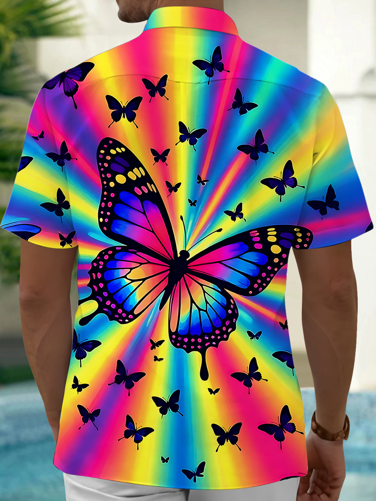 Adaychic Men's Graphic Rainbow Butterfly Print Short Sleeve Shirt with Chest Pocket