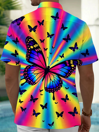 Adaychic Men's Graphic Rainbow Butterfly Print Short Sleeve Shirt with Chest Pocket
